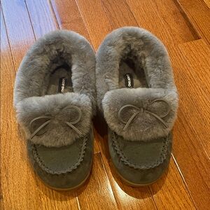 Grey Faux-Fur Moccasin Slippers